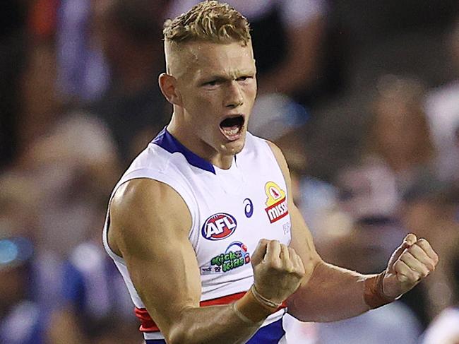 AFL Round 3.   02/04/2021.  North Melbourne vs Western Bulldogs at Marvel Stadium, Melbourne.   Adam Treloar celebrates his 1st goal as a Bulldog player during the 2nd qtr.   . Pic: Michael Klein