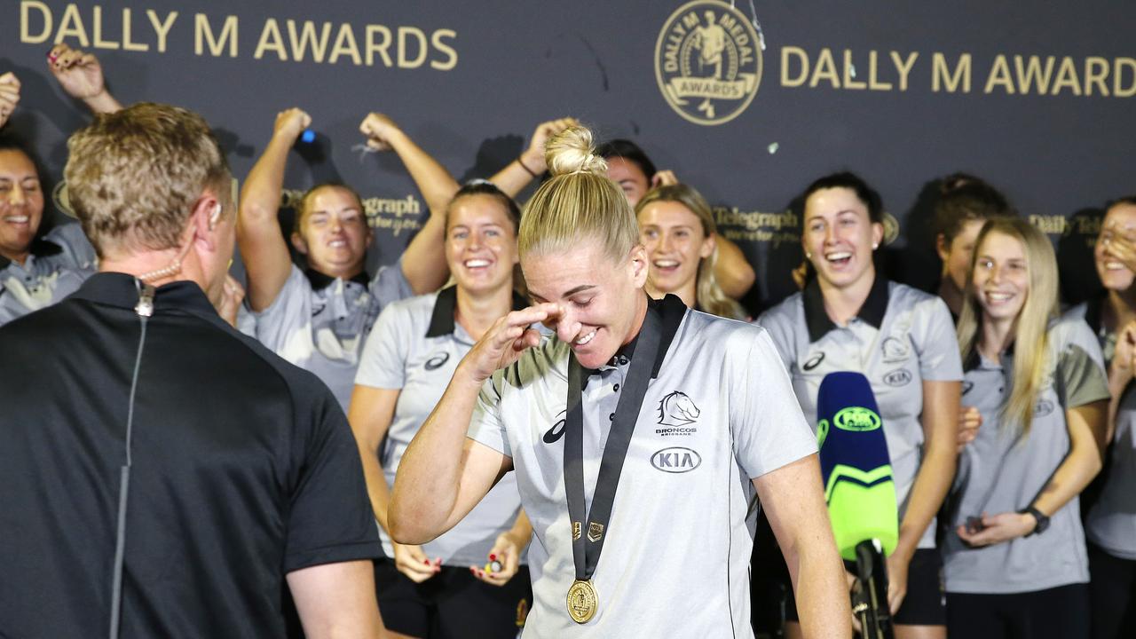 Ali Brigginshaw celebrates the 2020 medal with her teammates. Picture; Josh Woning