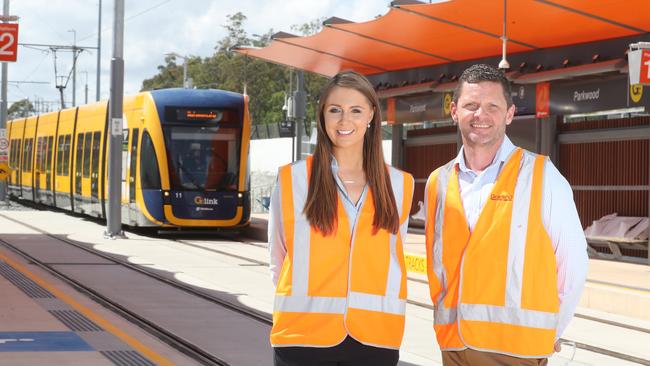 Meaghan Scanlon at Parkwood Station with Goldlinq communications director Jason Ward. Photo by Richard Gosling