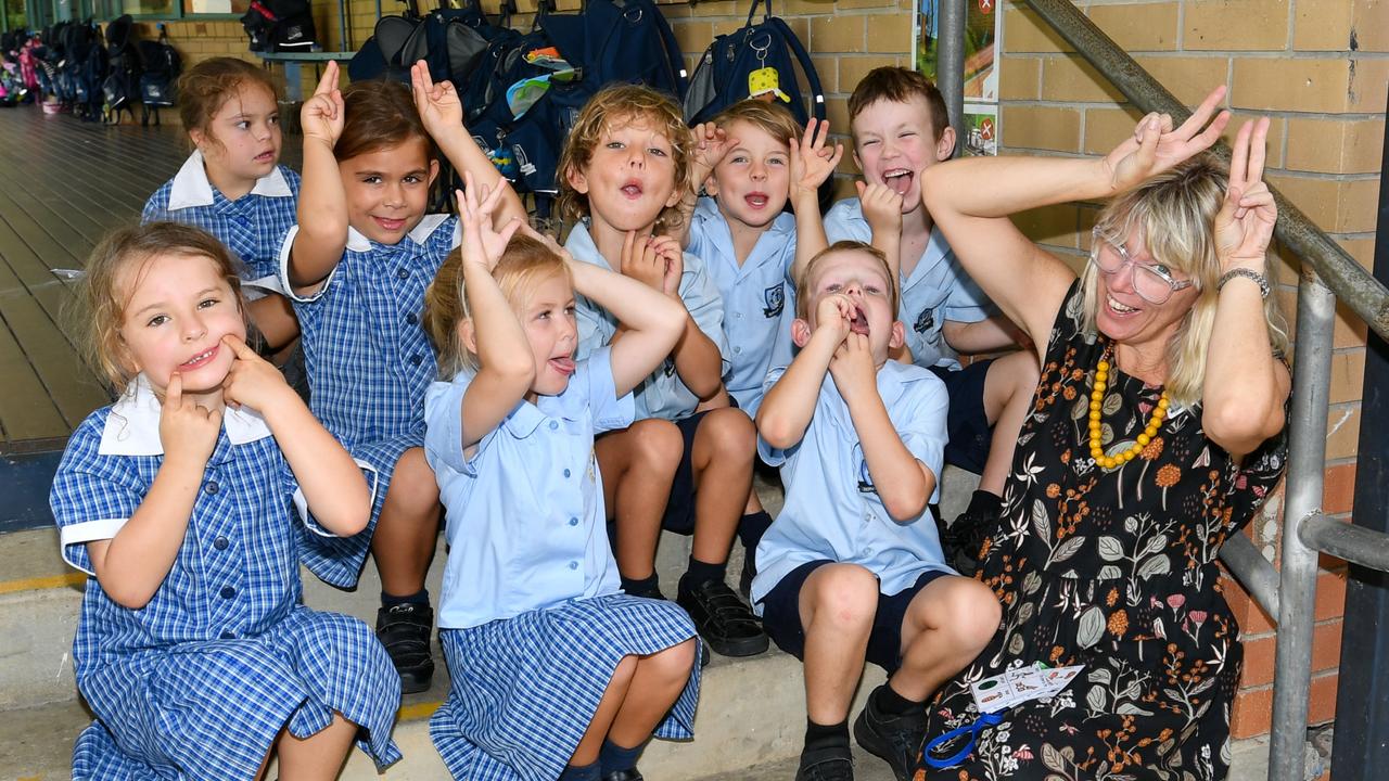 Saint John's Primary School Kindergarten class of 2023: Dorathea Ambrose, Jet Brydon, Mars Matthews, Marlon Mavay, Tanika Oldfield, Nhyri Parr, Piper Simpson, and Mrs. Ellie Bailey.