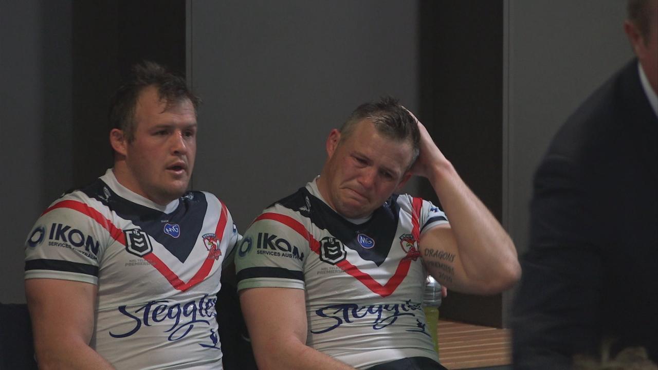 Brett Morris burst into tears as he was hugged by brother Josh in the dressing room after suffering what could potentially be a career-ending knee injury. Picture Fox Sports
