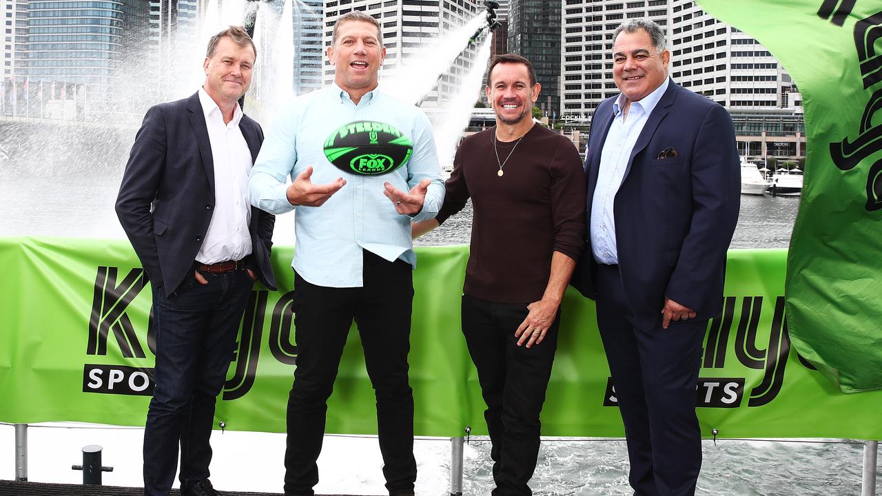 Andrew Voss, Bryan Fletcher, Matty Johns and Mal Meninga during the Fox League 2023 Launch. Photo: Fox League / Brett Costello.