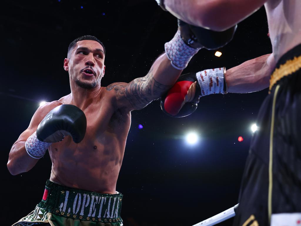 GOLD COAST, AUSTRALIA - JUNE 08: Jai Opetaia of Australia punches Claudio Squeo of Italy during their IBF Cruiserweight Title bout at Gold Coast Convention and Exhibition Centre on June 08, 2025 in Gold Coast, Australia. (Photo by Chris Hyde/Getty Images)