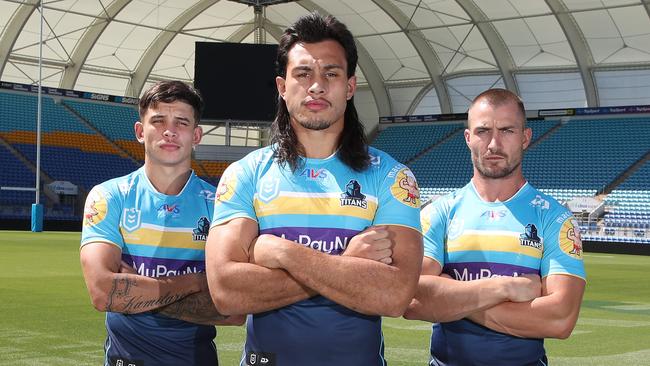 Gold Coast Titans at CBUS Stadium.  Jayden Campbell, Tino Fa'asuamaleaui, and Kieran Foran determined to keep CBUS as their house.  Picture Glenn Hampson