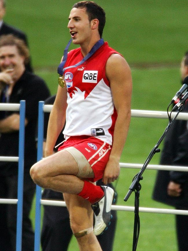 Tadhg Kennelly celebrates Sydney’s 2005 Grand Final win with an Irish dance.