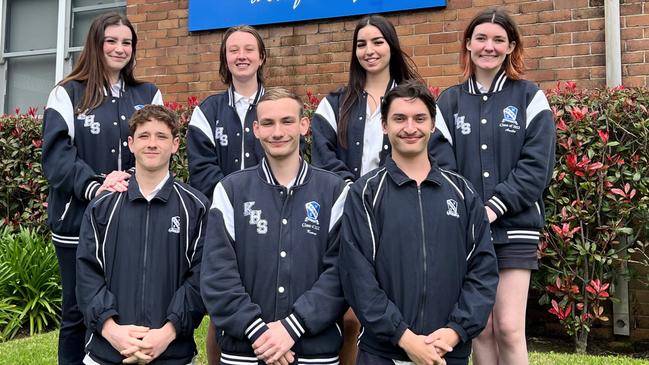 Keira High School year 12 students after first exam of the 2022 HSC on Wednesday October 12 2022. Back from left Bella Organ-Caldwell, Lauren Sheppard (vice-captain), Ella Ruiz, Amelia Macleod. Front from left Cameron Hynds, Kynann Biela and X. Picture: Dylan Arvela