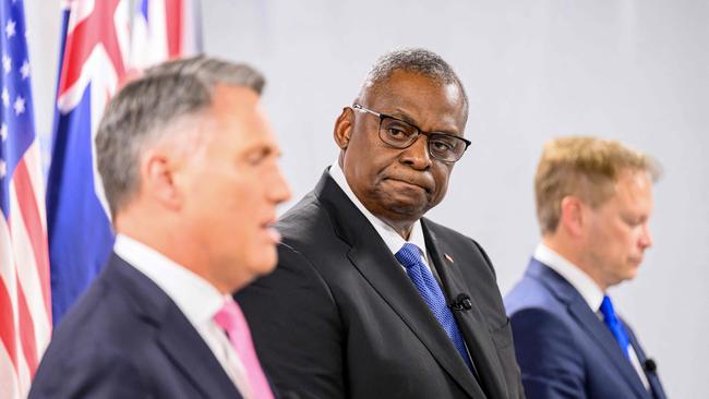 US Defence Secretary Lloyd Austin, centre, participates in the AUKUS Defence Ministerial Meeting with Defence Minister Richard Marles, left, and British Defense Secretary Grant Shapps, in Mountain View, California, on December 1.