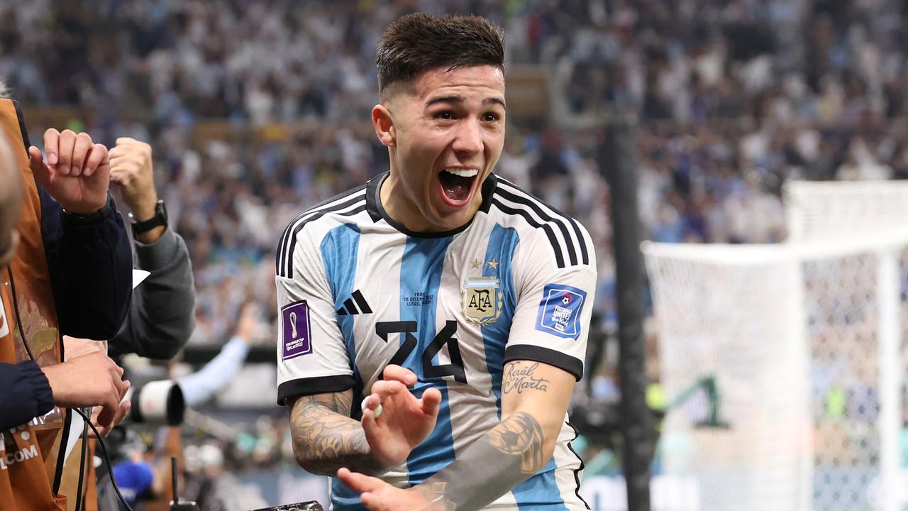 LUSAIL CITY, QATAR - DECEMBER 18: Enzo Fernandez of Argentina celebrates the team's third goal scored by Lionel Messi (not pictured) during the FIFA World Cup Qatar 2022 Final match between Argentina and France at Lusail Stadium on December 18, 2022 in Lusail City, Qatar. (Photo by Julian Finney/Getty Images)