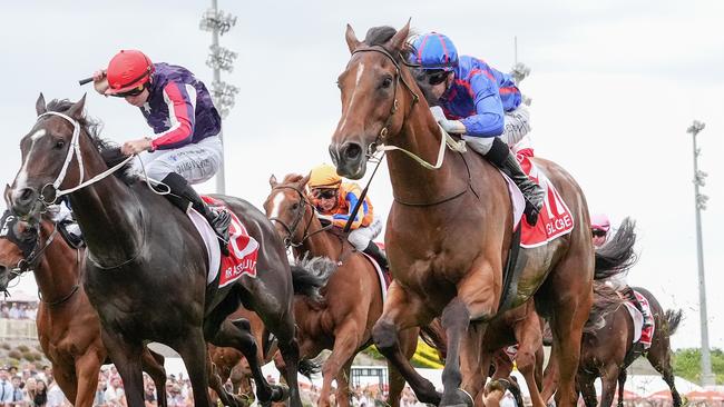 Globe (right) holds off Air Assault to win the Cranbourne Cup on Saturday. Picture: George Sal/Racing Photos via Getty Images