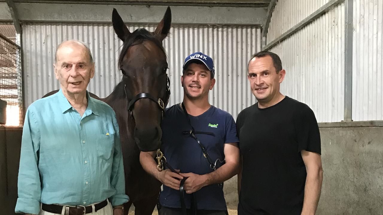 Part-owner Richard Treweeke with Winx, her strapper and trainer Chris Waller.