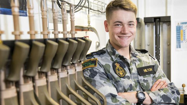 Able Seaman Boatswain's Mate Robert Hilton in the Hobart's ship's armoury. Picture: ADF