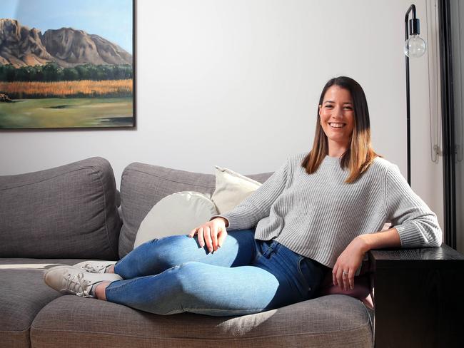 29/06/20 Sian Fourie, pictured in her Melbourne home wants to conceive a baby in the next year. Aaron Francis/The Australian