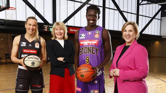 Sydney Flames player Tess Madgen, Harvey Norman CEO Katie Page, Sydney Kings player Jackson Makoi and global chair of Tesla Robyn Denholm. Picture: Richard Dobson