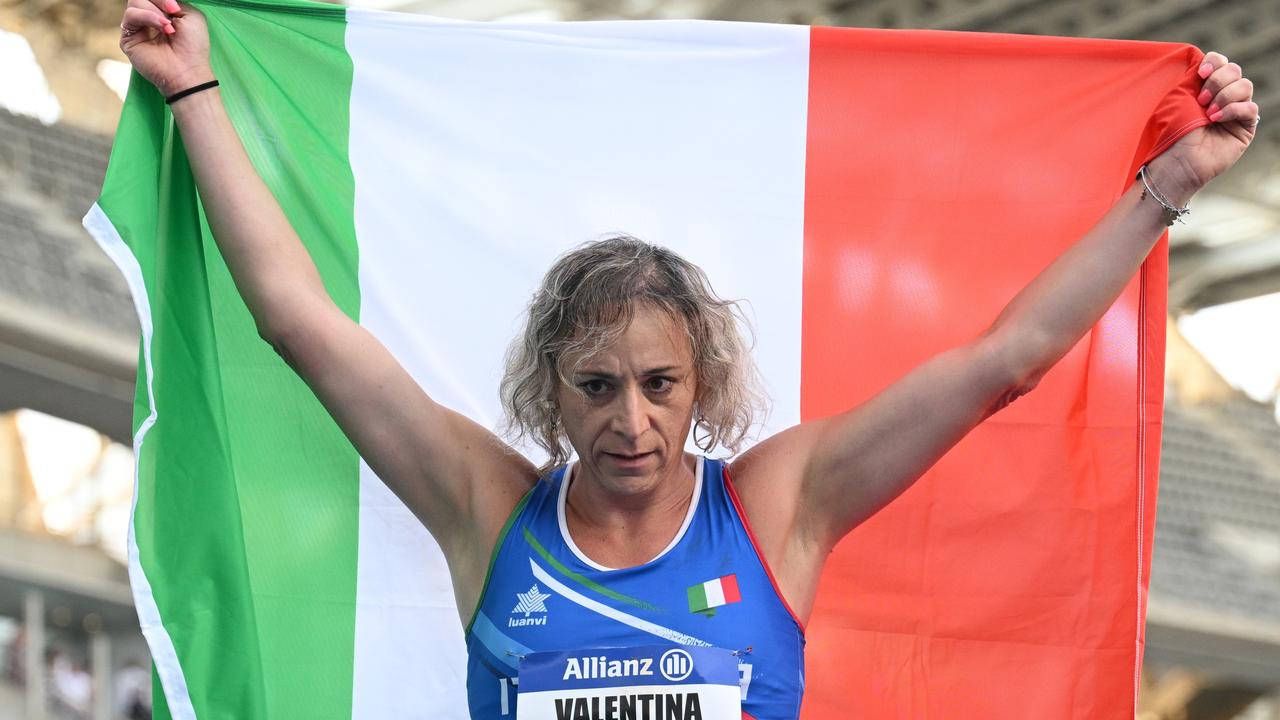 Valentina Petrillo celebrates her performance. Photo by Matthias Hangst/Getty Images.