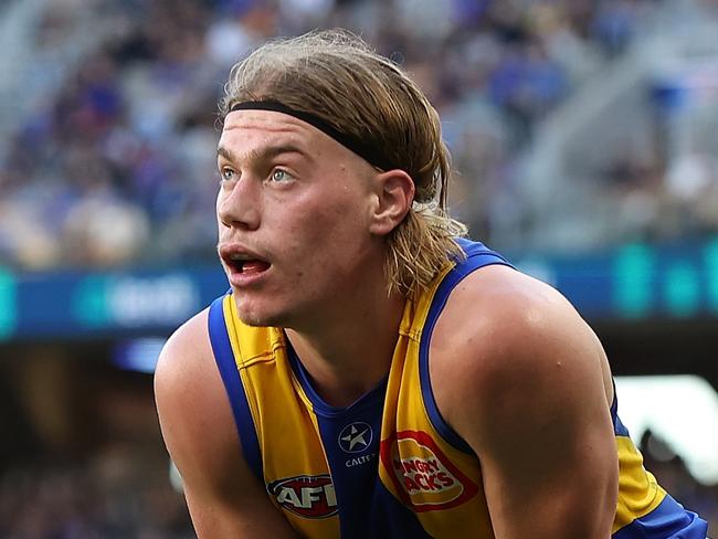 PERTH, AUSTRALIA – JUNE 01: Harley Reid of the Eagles looks on after giving away a free kick with a heavy tackle on Darcy Wilson of the Saints during the round 12 AFL match between West Coast Eagles and St Kilda Saints at Optus Stadium, on June 01, 2024, in Perth, Australia. (Photo by Paul Kane/Getty Images)