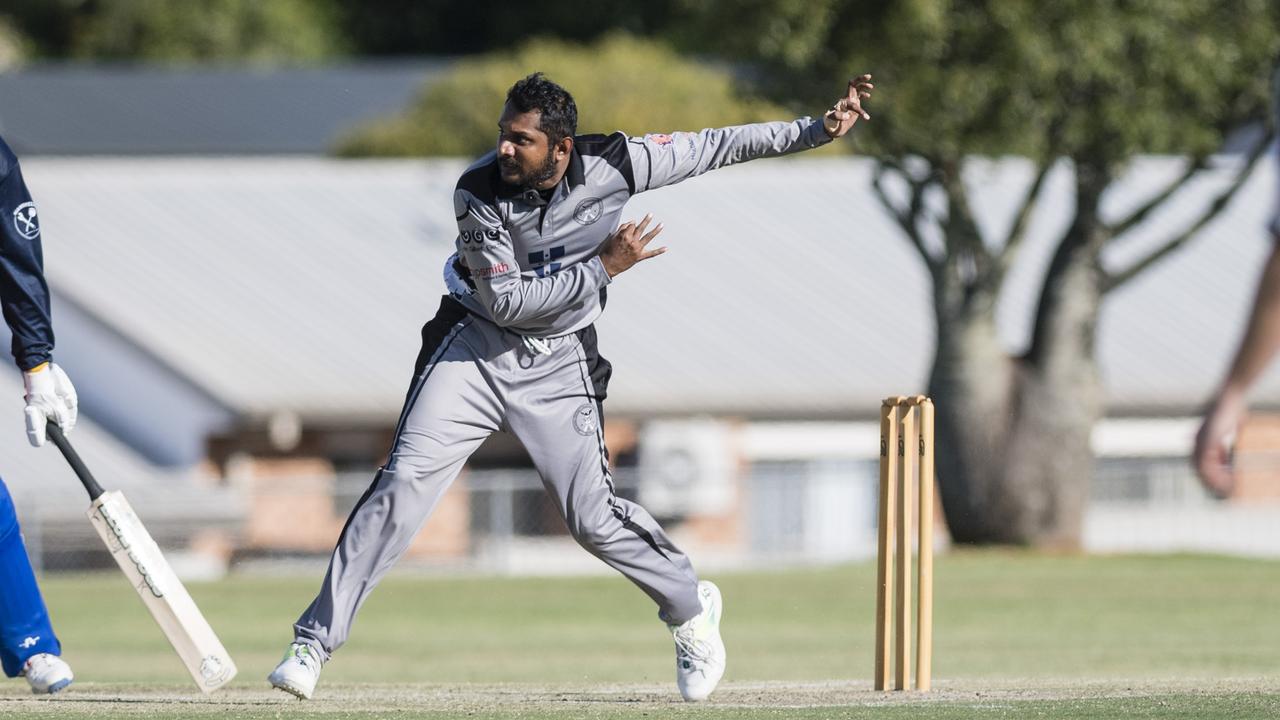 Deshaja Yukthi bowls for Souths Magpies against Metropolitan-Easts in A Grade One Day Toowoomba Cricket round 6 at Captain Cook Reserve, Saturday, November 11, 2023. Picture: Kevin Farmer