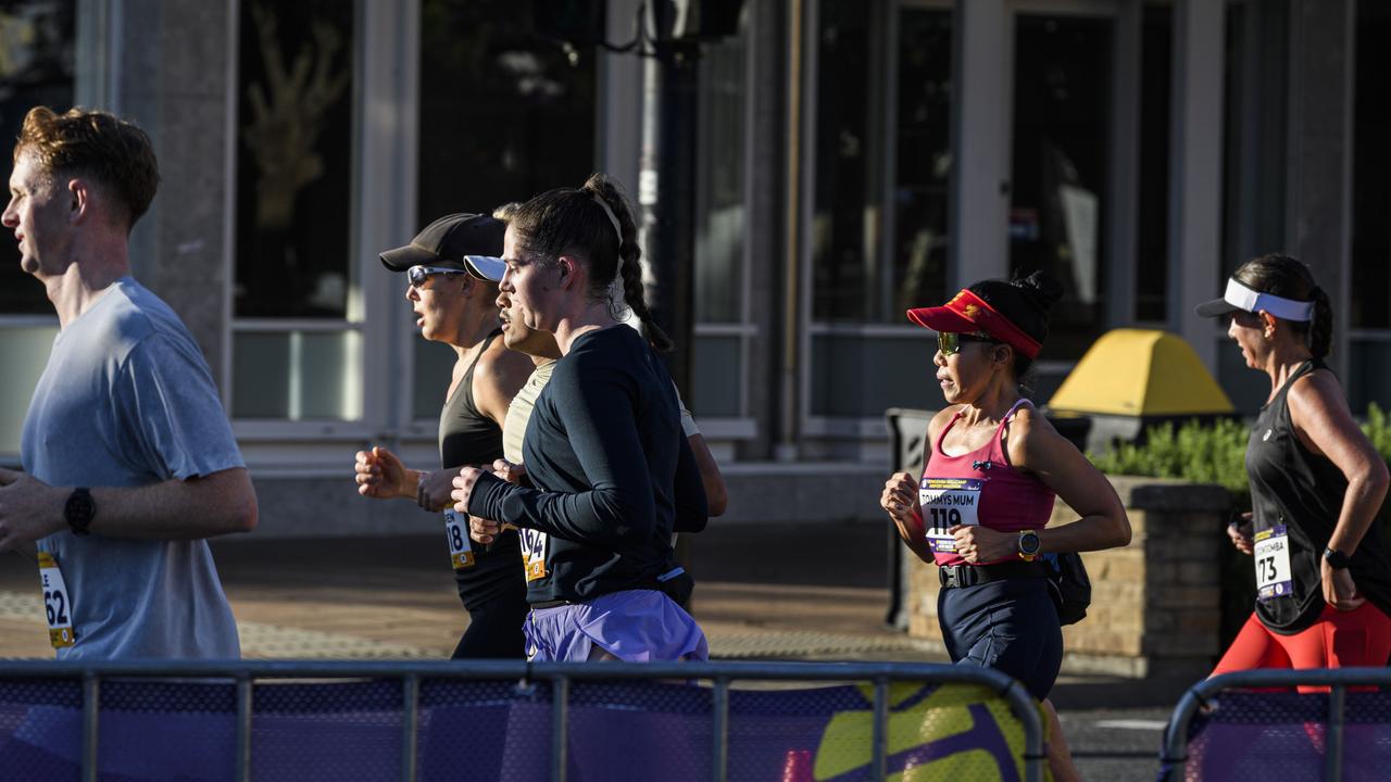 Runners on Ruthven St in the Toowoomba CBD in the Toowoomba Marathon (and half marathon), Sunday, May 4, 2025. Picture: Kevin Farmer