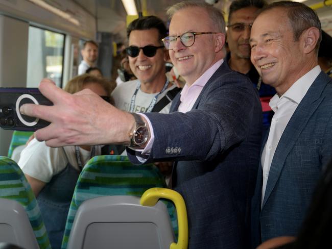 PERTH, AUSTRALIA - NewsWire Photos - 8 DECEMBER 2024:  Prime Minister Anthony Albanese joins Premier Roger Cook & Rita Saffioti on the newly opened Ellenbrook train line via Metronet.Picture: NewsWire / Sharon Smith