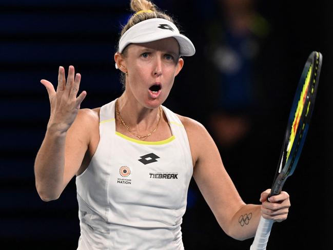 Australia's Storm Hunter reacts after a point against Czech Republic's Barbora Krejcikova during their women's singles match on day six of the Australian Open tennis tournament in Melbourne on January 19, 2024. (Photo by WILLIAM WEST / AFP) / -- IMAGE RESTRICTED TO EDITORIAL USE - STRICTLY NO COMMERCIAL USE --