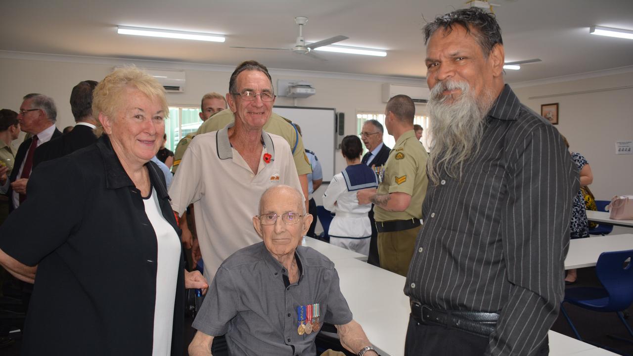 Denese Brown, Owen and Warren Cockburn and Sgt Elgan Leedie at the 2019 Kingaroy Remembrance Day service at KSHS. (Photo: Jessica McGrath)