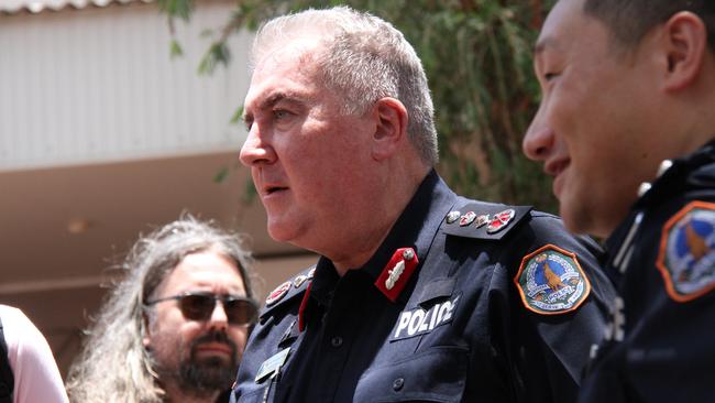 Northern Territory Police Commissioner Michael Murphy chats with Alice Springs residents on Tuesday. Picture: Gera Kazakov