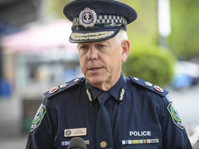 Wednesday SEPTEMBER 20 2023 Police Commissioner Grant Stevens at a press conference outside 5AA building. Picture:  Roy VanDerVegt