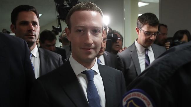 Facebook CEO Mark Zuckerberg (C) on Capitol Hill ahead of his testimony before US Congress. Picture: Getty