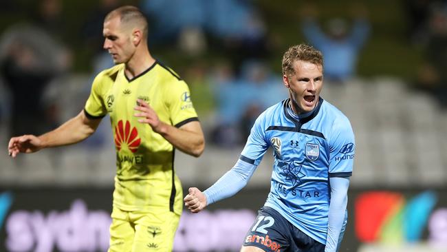 Trent Buhagiar snared a double as Sydney restarted the A-League season with a win. Picture: Getty Images