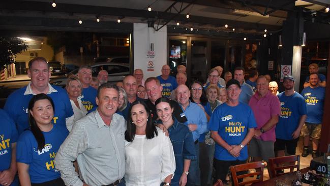 LNP candidate for Nicklin Marty Hunt and wife Kelly surrounded by supporters in Nambour as the knife-edge count continued. Photo: Jorina Maureschat