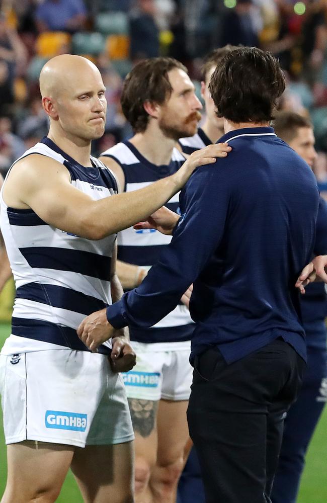 Chris Scott consoles GaryAblett Jr after the loss. Picture: Sarah Reed