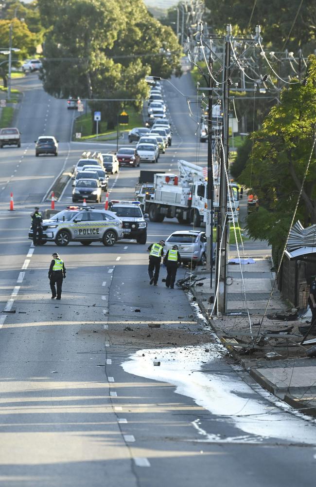 Police at the scene of a car crash on Briens Road at Northfield. Picture: NCA NewsWire / Mark Brake