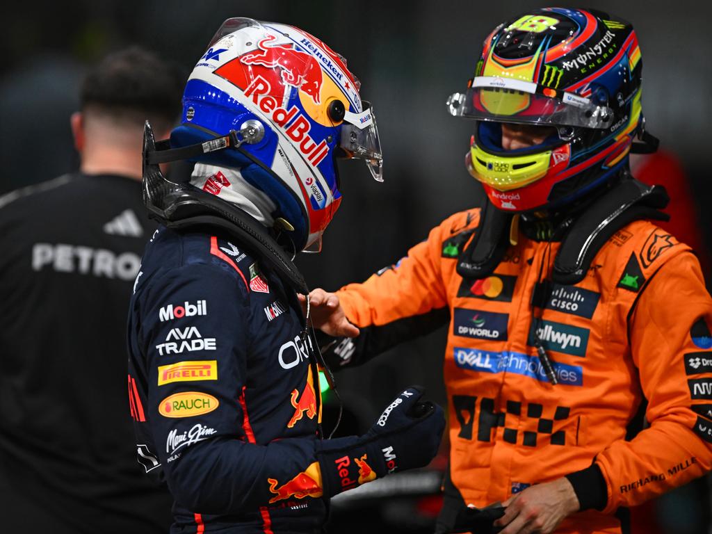 Pole position qualifier Max Verstappen of the Netherlands and Oscar Piastri after qualifying in Saudi Arabia. (Photo by Rudy Carezzevoli/Getty Images)