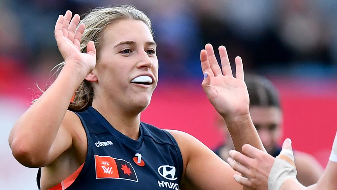 Carlton vice-captain Abbie McKay becomes the first father-daughter recruit to play 50 AFLW games on Thursday night. Picture: Josh Chadwick / Getty Images