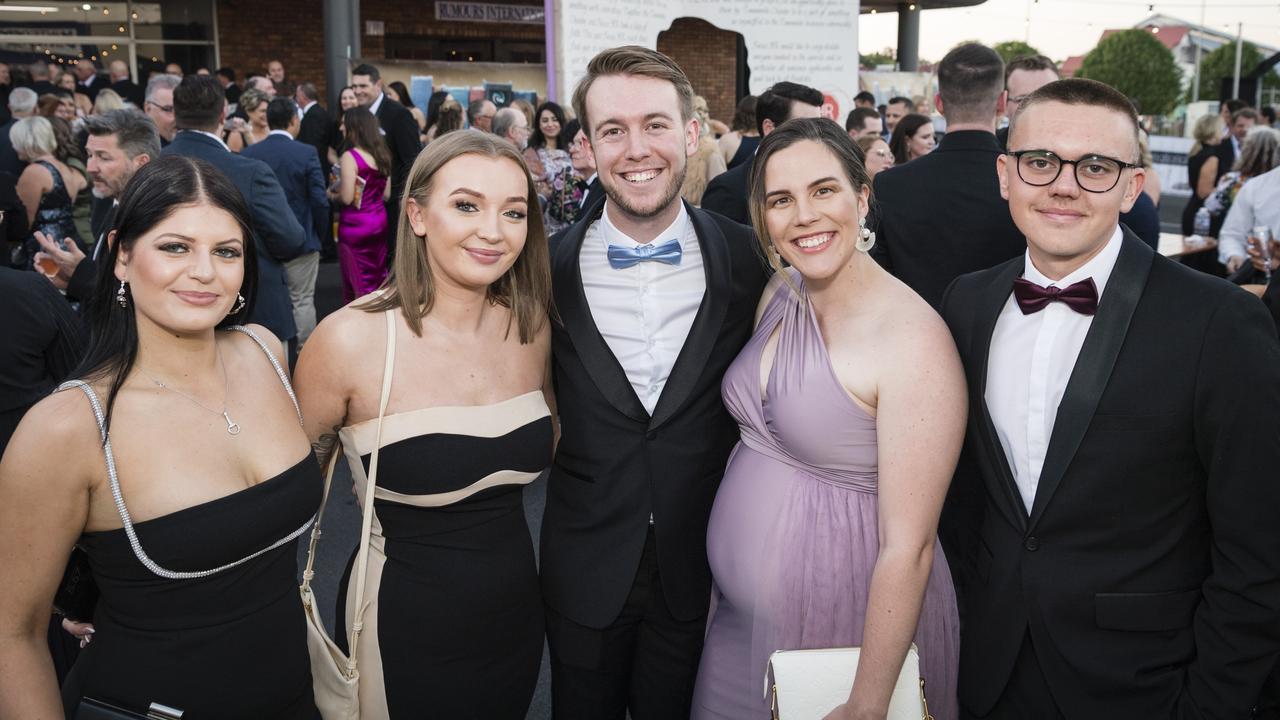 Representing Hot Property are (from left) Phoebe Young, McKaylee Nilon, Jacob Carlile, Nicole Carlile and Josh Conway at the Focus HR Business Excellence Awards 2023 hosted by Toowoomba Chamber at Rumours International, Saturday, October 21, 2023. Picture: Kevin Farmer