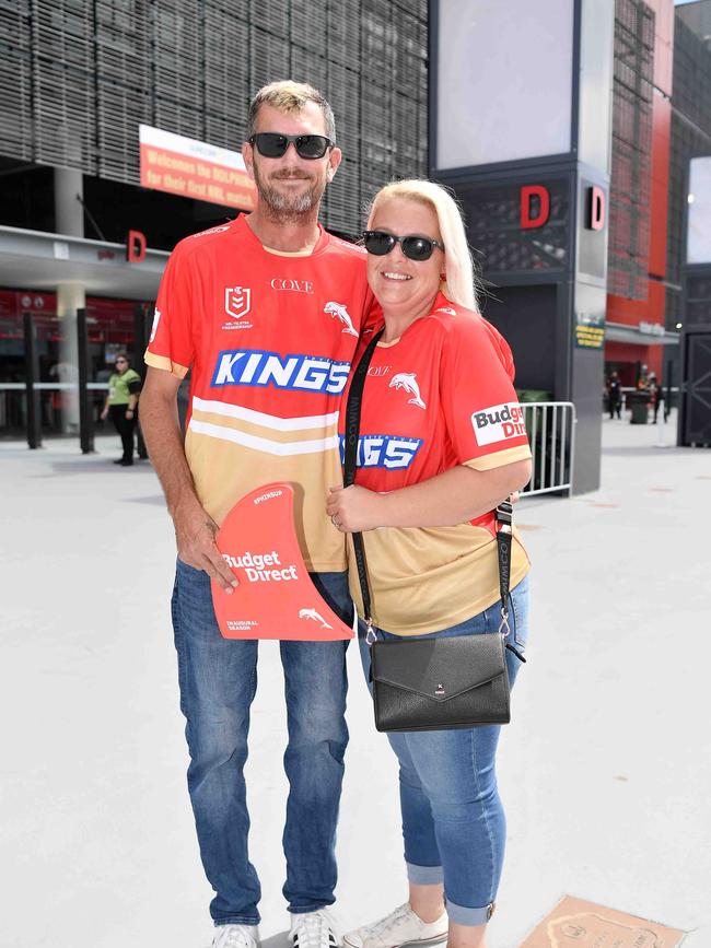 Andy and Kat Corrigan at Roosters V Dolphins, Suncorp Stadium. Picture: Patrick Woods.