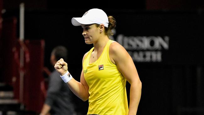 ASHEVILLE, NORTH CAROLINA - FEBRUARY 10: Ashleigh Barty of Australia reacts after her win over Madison Keys of USA during the first round of the 2019 Fed Cup at U.S. Cellular Center on February 09, 2019 in Asheville, North Carolina. Barty won 6-4, 6-1.   Grant Halverson/Getty Images/AFP == FOR NEWSPAPERS, INTERNET, TELCOS & TELEVISION USE ONLY ==