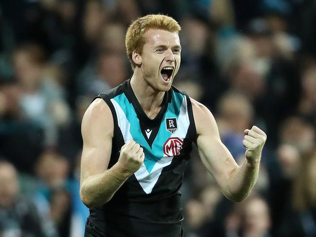 Willem Drew celebrates a goal. Picture: Sarah Reed/AFL Photos via Getty Images