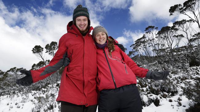 Madeline Watts (right) with partner Hagan Brightman took a well deserved study break from their uni exams to head up to Mt. Wellington to enjoy the snow at the unusual time of the year.