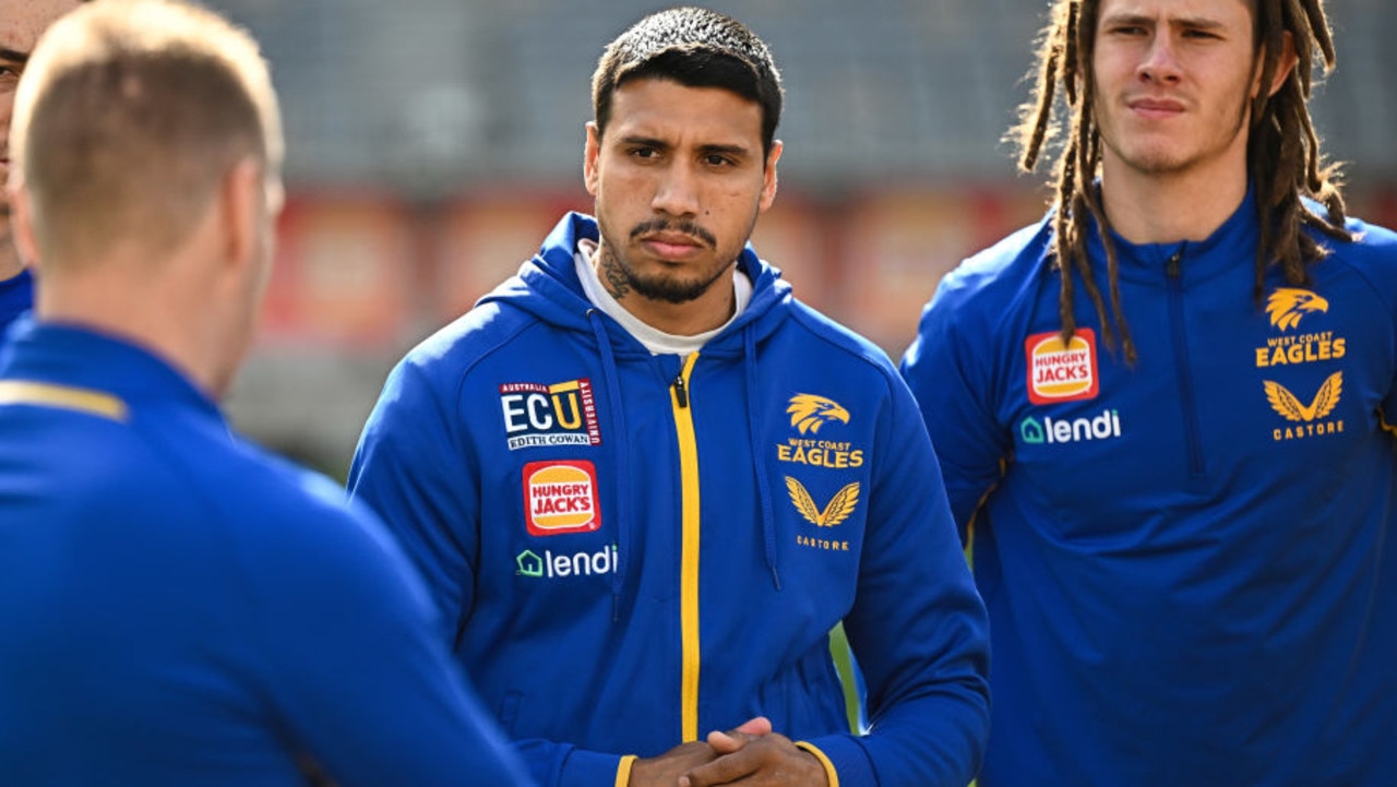 PERTH, AUSTRALIA - JULY 24: Tim Kelly of the Eagles listens in at the meeting during the 2022 AFL Round 19 match between the West Coast Eagles and the St Kilda Saints at Optus Stadium on July 24, 2022 in Perth, Australia. (Photo by Dan Carson/AFL Photos via Getty Images)