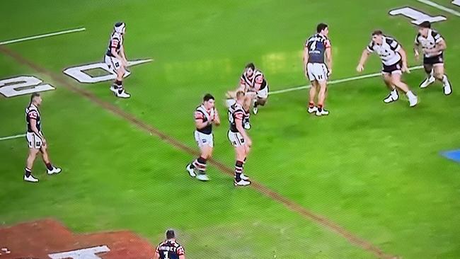 Roosters' Lindsay Collins and Victor Radley were penalised for blocking. Pic: Fox League