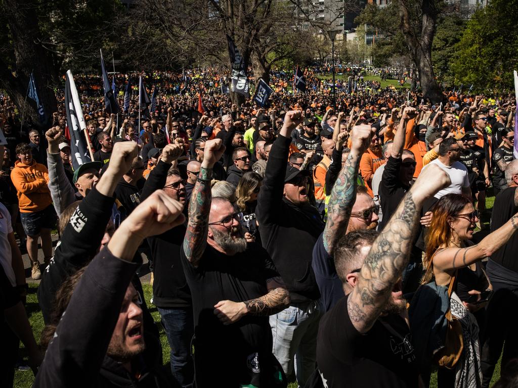 Thousands of CFMEU members marched through the city to protest the government’s decision to put the union into administration. Picture: Darrian Traynor