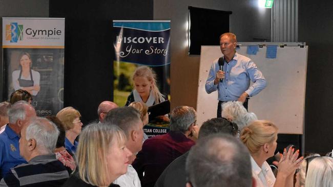 Tony Goodman addresses the first meeting of the new Gympie Chamber of Commerce at a packed RSL Orchid Room this morning. Picture: Scott Kovacevic