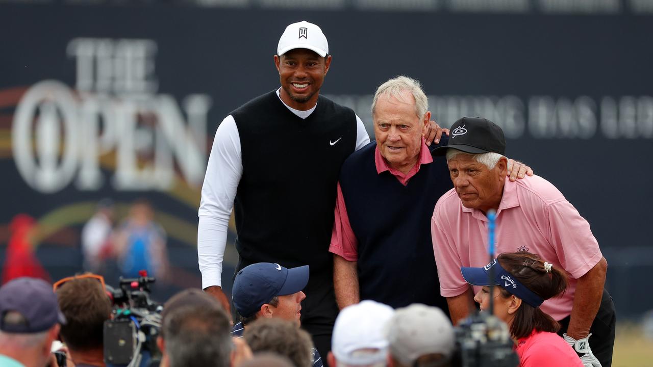 Tiger Woods and Lee Trevino take on Jack Nicklaus in the Champions League practice before the 150th opening at St. Andrew's Old Course.