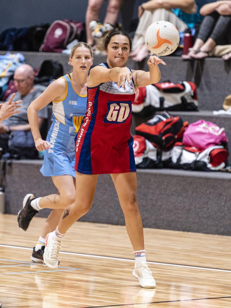 Halle Webster of Darling Downs against Peninsula in Queensland School Sport 16-19 Years Girls Netball Championships at Clive Berghofer Arena, St Mary's College, Friday, May 6, 2022. Picture: Kevin Farmer