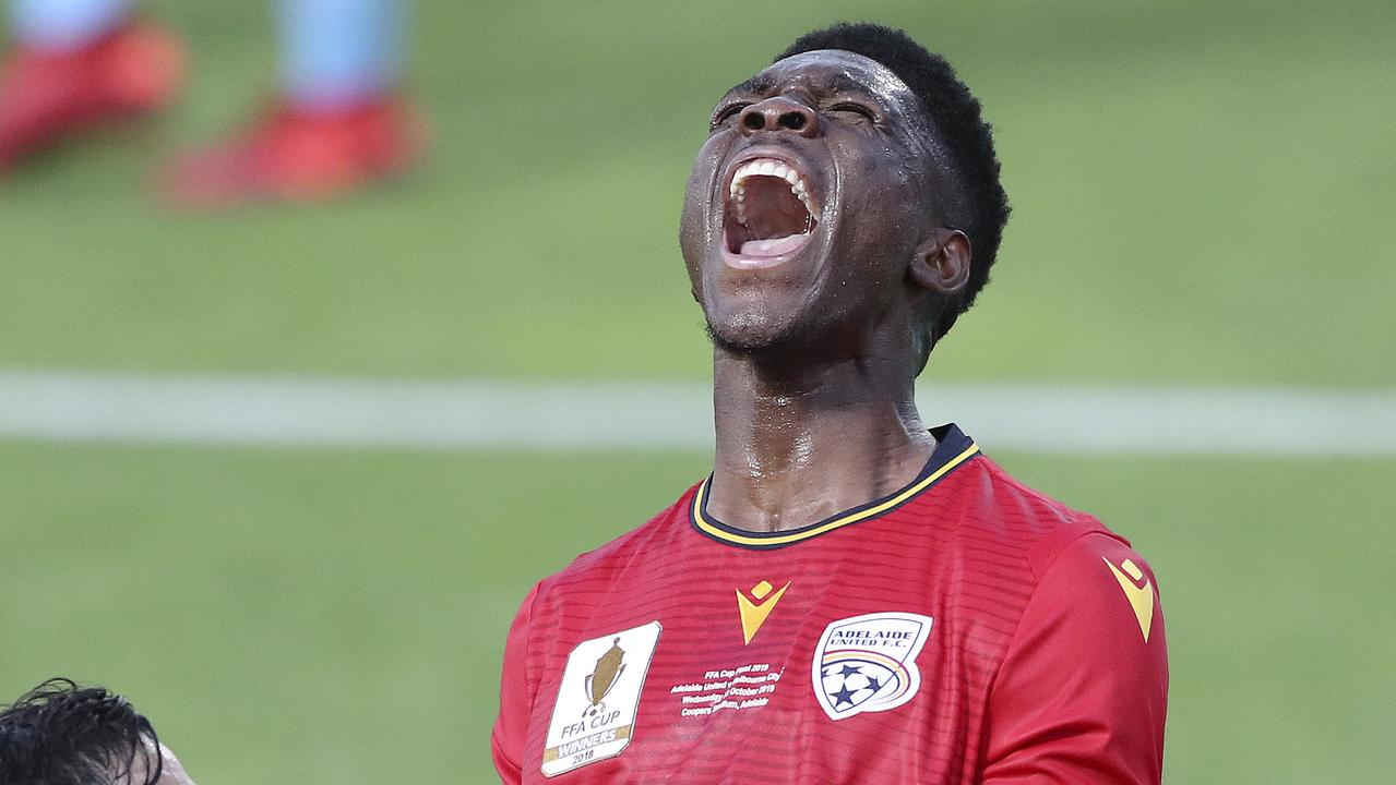 Al Hassan Toure celebrates his goal in the first half of the FFA Cup final.