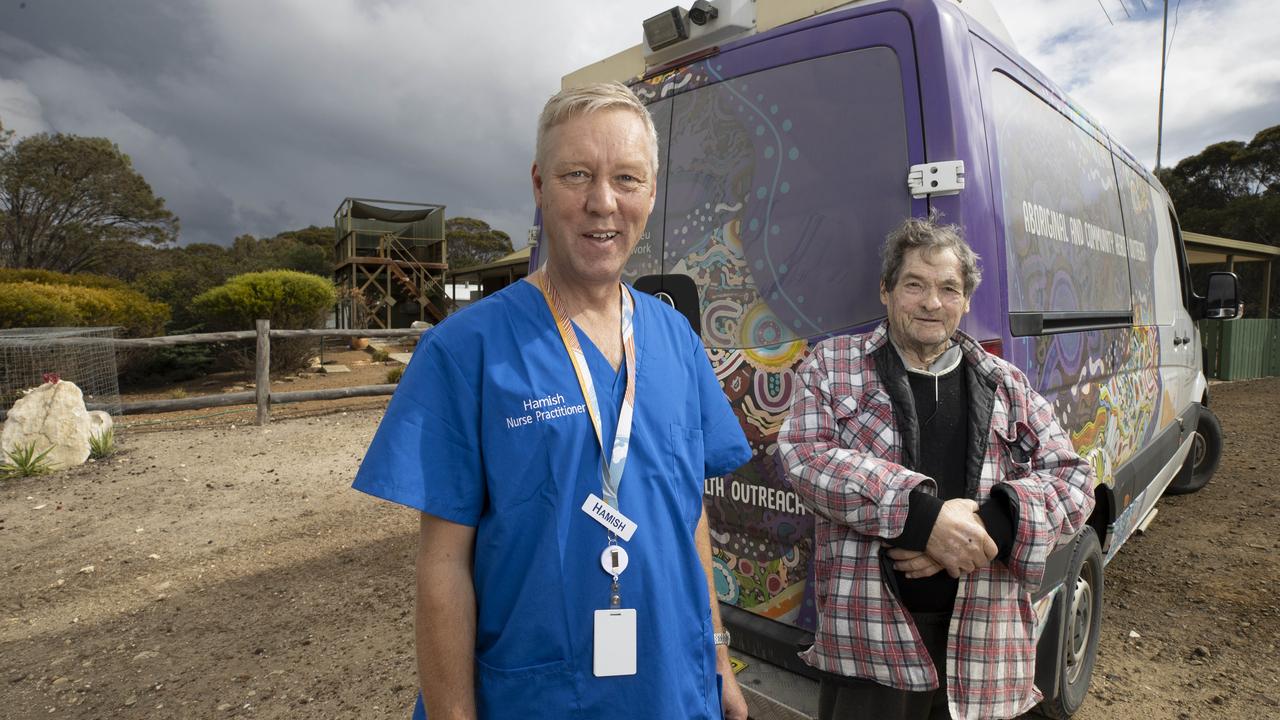 Kangaroo Island outreach nurse practitioner Hamish Anderson with Emu Bay local Arthur McKenzie. Picture: Brett Hartwig