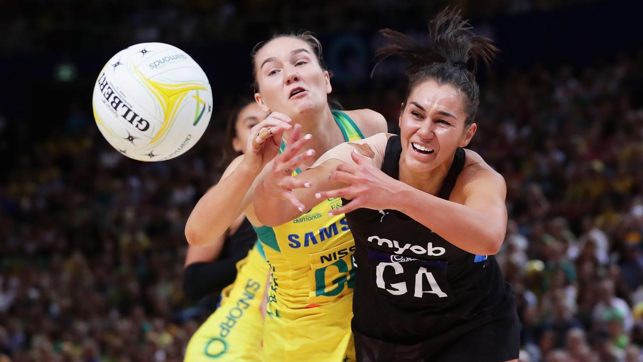 The battle between Diamonds defender Courtney Bruce and Ameliaranne Ekenasio of New Zealand will have to wait until the Commonwealth Games. Picture: Matt King/Getty Images