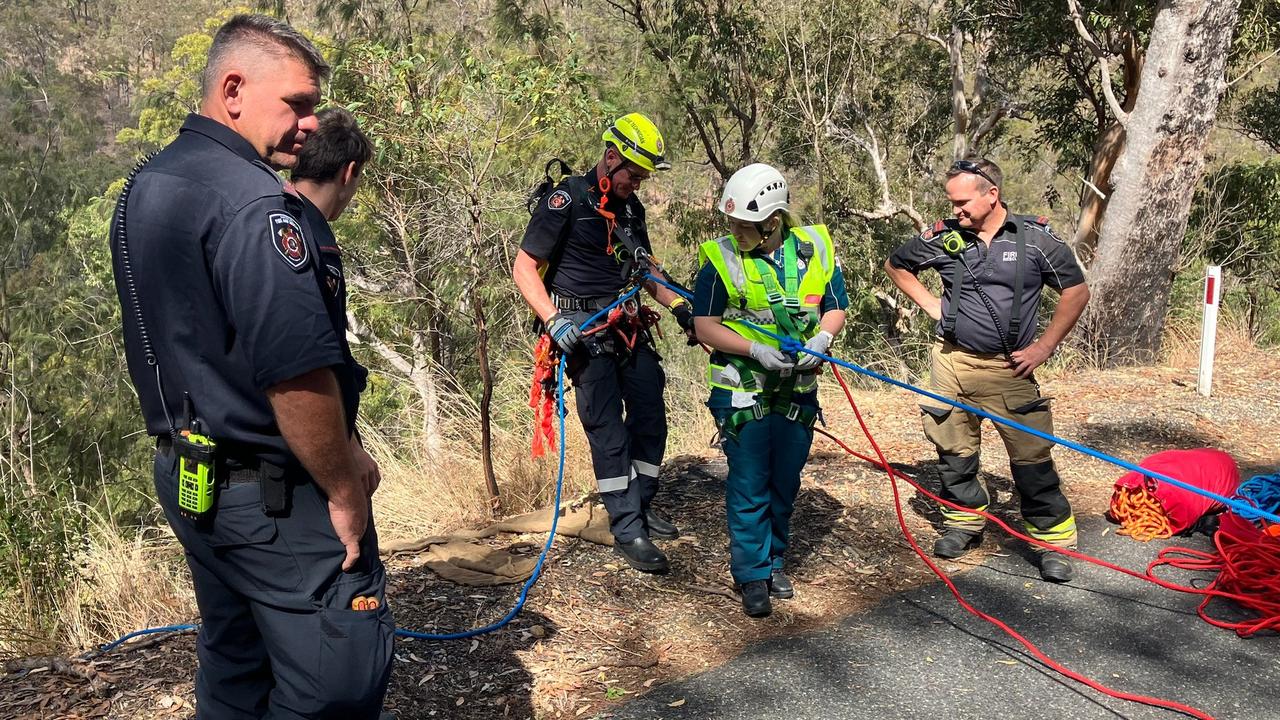 Rescuers were winched down the side of a hill to reach a trapped driver. PHOTO: QAS