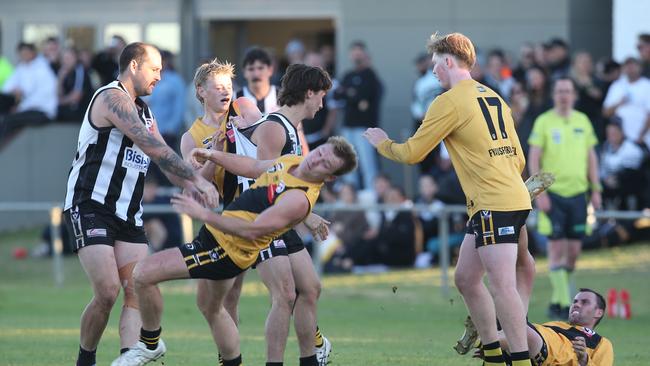 Bannockburn's Connor Jervies falls to the ground in a scuffle. GDFNL North Geelong v Bannockburn. Picture: Alan Barber