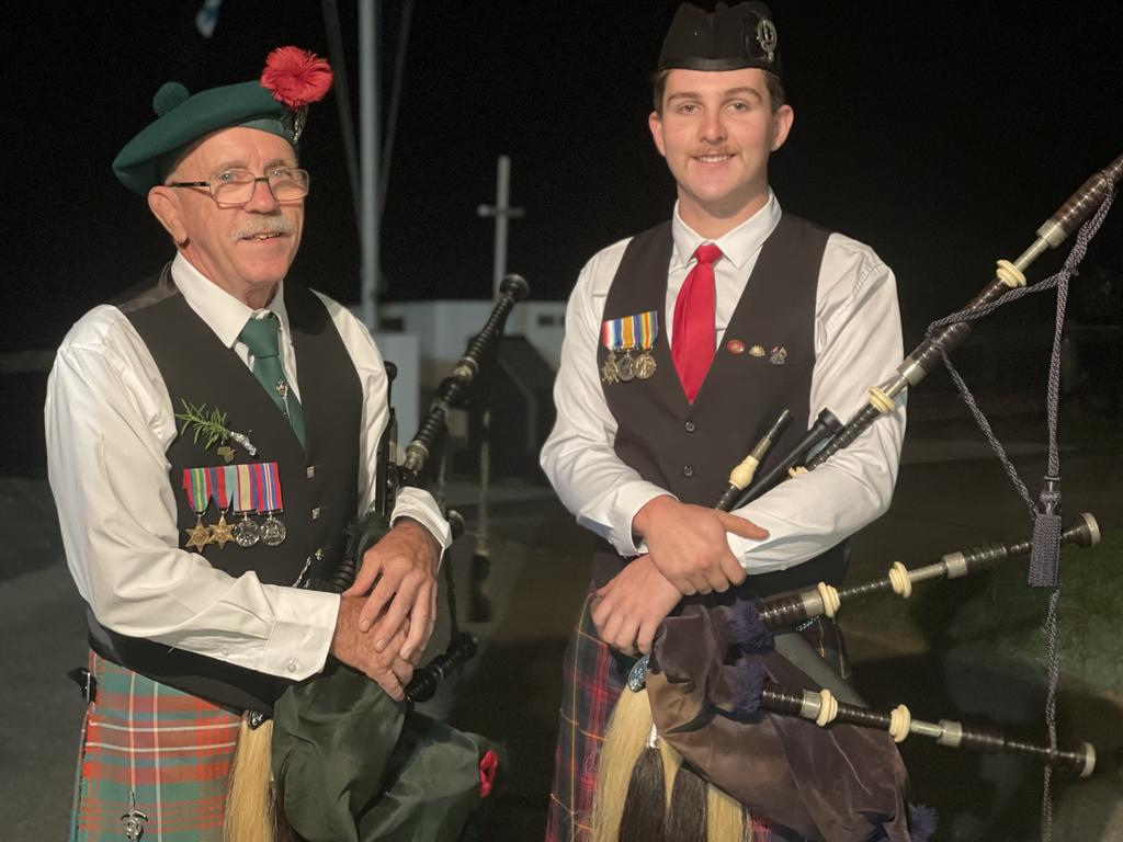 Bagpipers Ian Duncan and Harrison Lamb played during the Half Tide Dawn Service at Hay Point. Mackay Anzac Day 2025 Photo: Janessa Ekert
